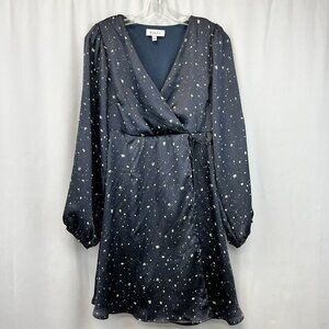 Gilli Womens V-Neck Long Sleeve Faux Wrap Dress Dark Navy/Ivory Print Sz S